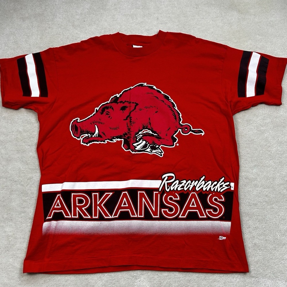 VTG 90s Arkansas Razorbacks Tshirt Large Single Stitch AOP Double Sided USA Made